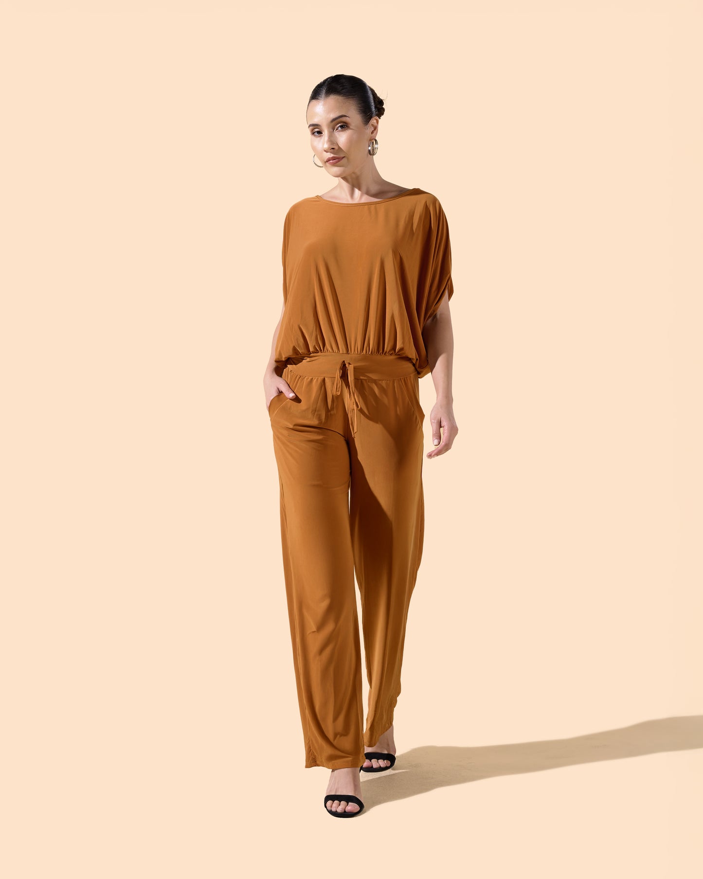 Combinaison pantalon marron col Ron lien ajustable à la taille