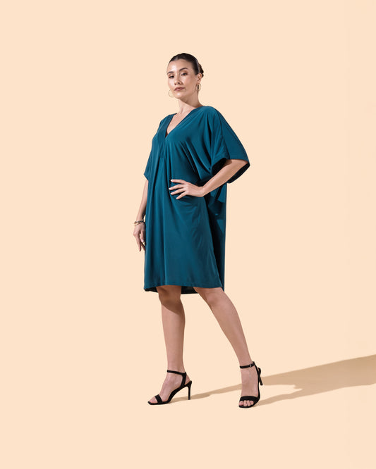 Robe courte fluide col v manches courtes couleur verte