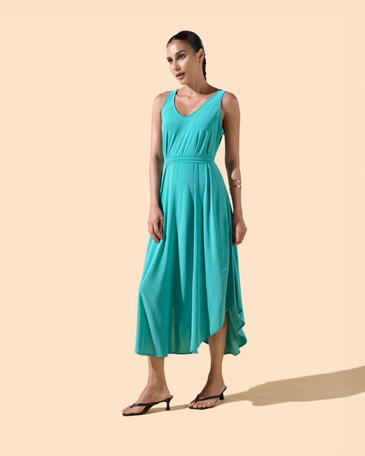 Robe longue fluide col V avec ceinture couleur turquoise