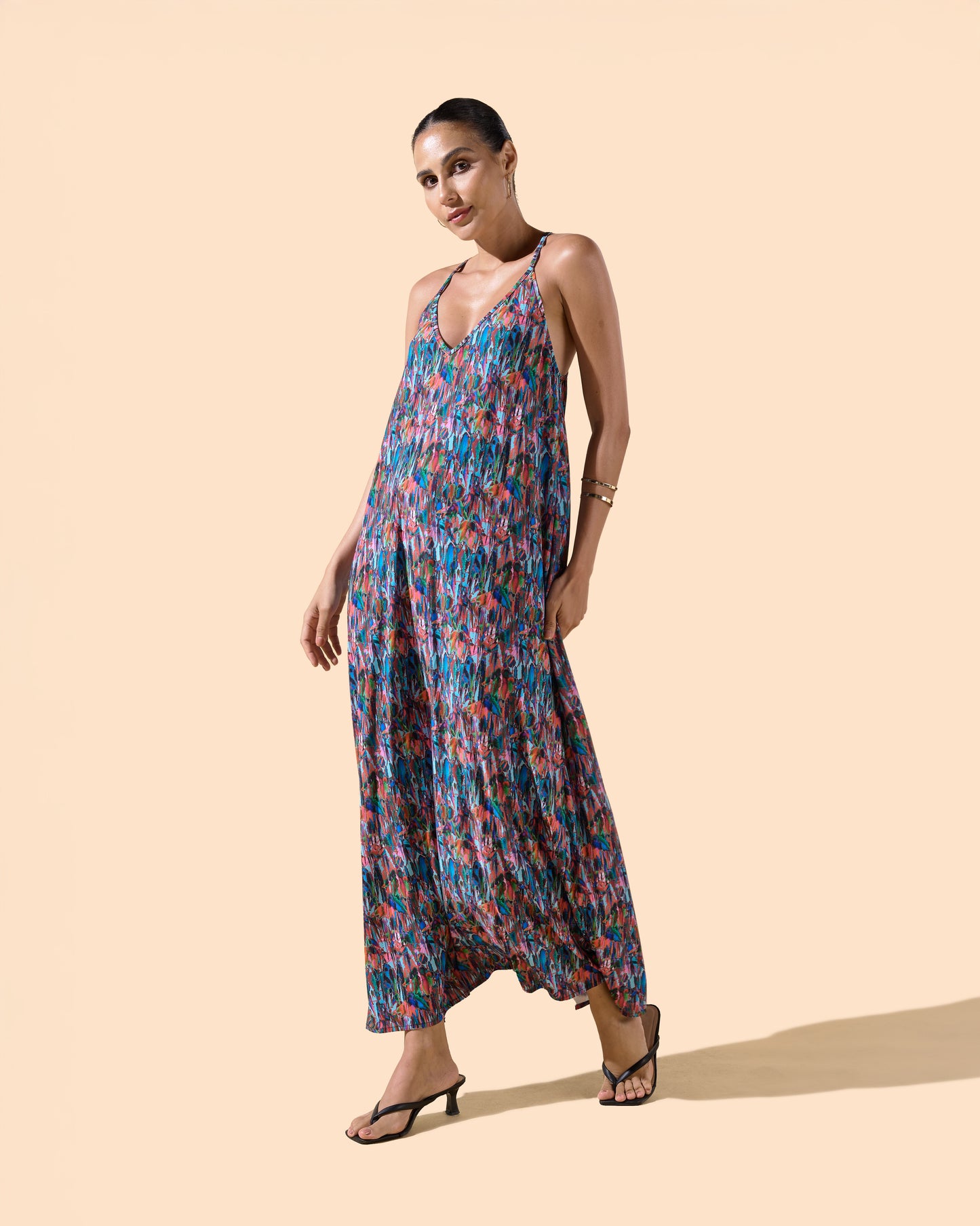 Robe longue imprimée bretelles col en v