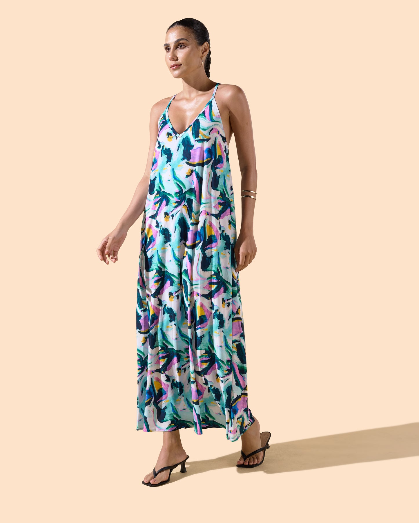 Robe longue imrpimée bretelles col en v