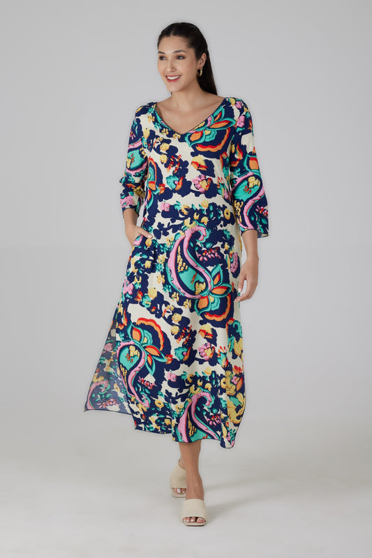 Robe longue manches trois/quart imprimé Turchina  - Fiora