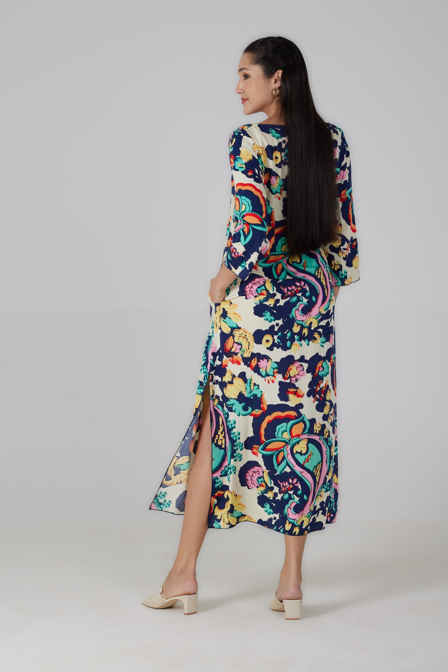 Robe longue manches trois/quart imprimé Turchina  - Fiora