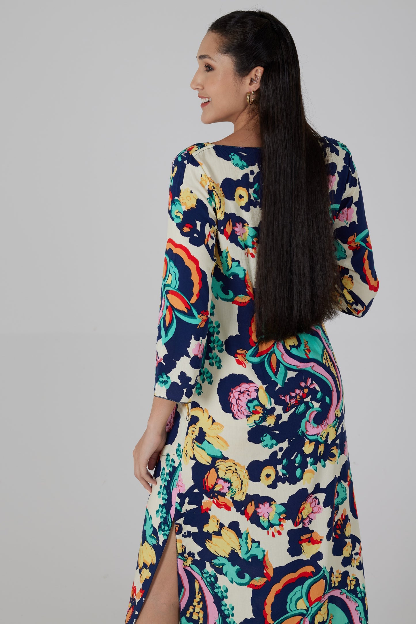 Robe longue manches trois/quart imprimé Turchina  - Fiora