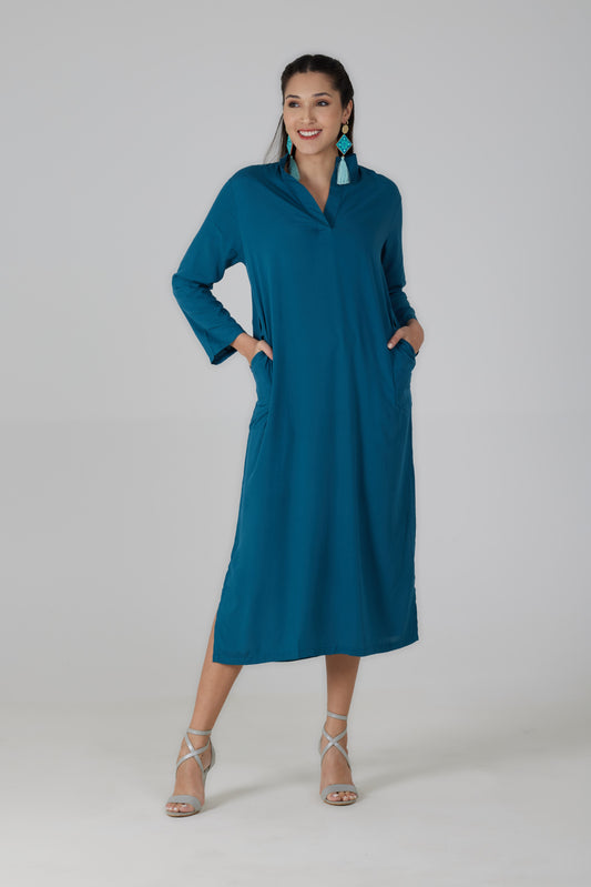 Robe longue manches longues bleue pétrole - Giulia