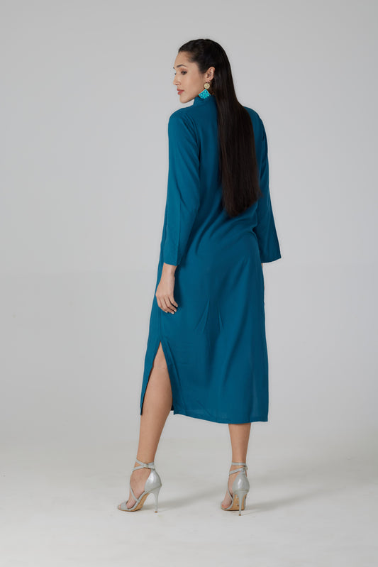 Robe longue manches longues bleue pétrole - Giulia