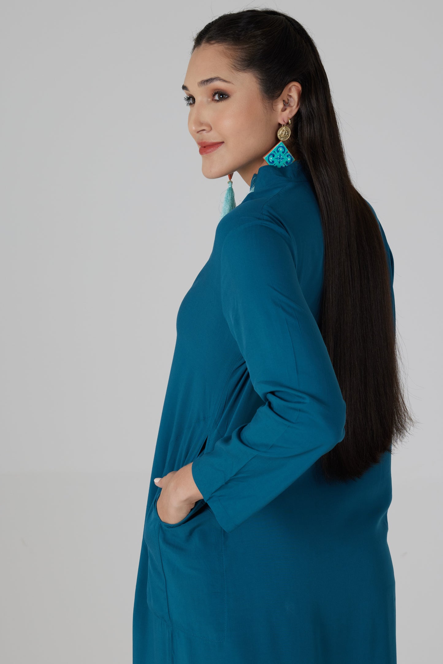Robe longue manches longues bleue pétrole - Giulia