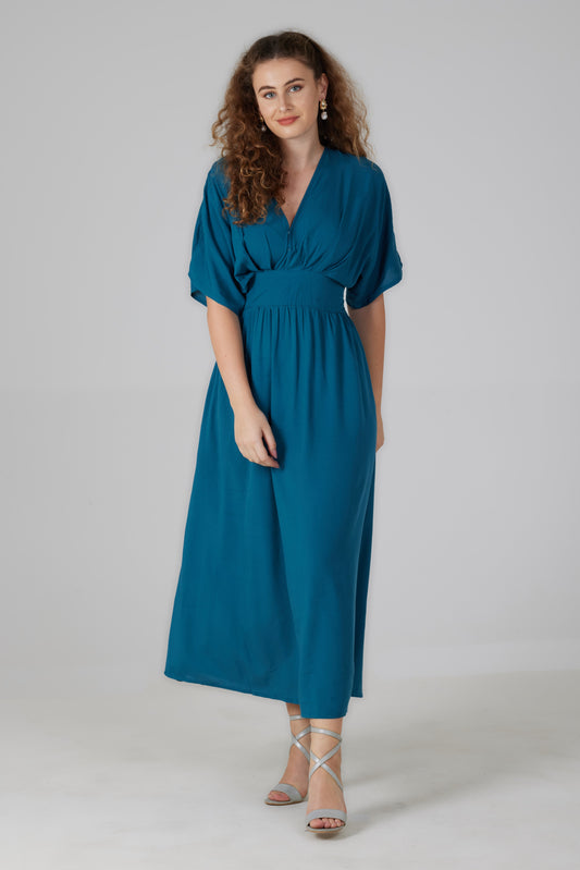 Robe longue manches courtes bleue pétrole - Lucia