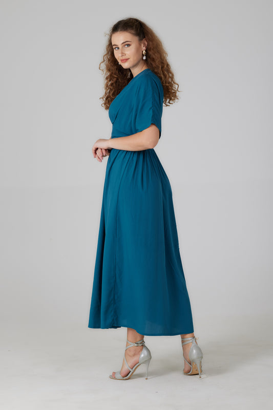 Robe longue manches courtes bleue pétrole - Lucia