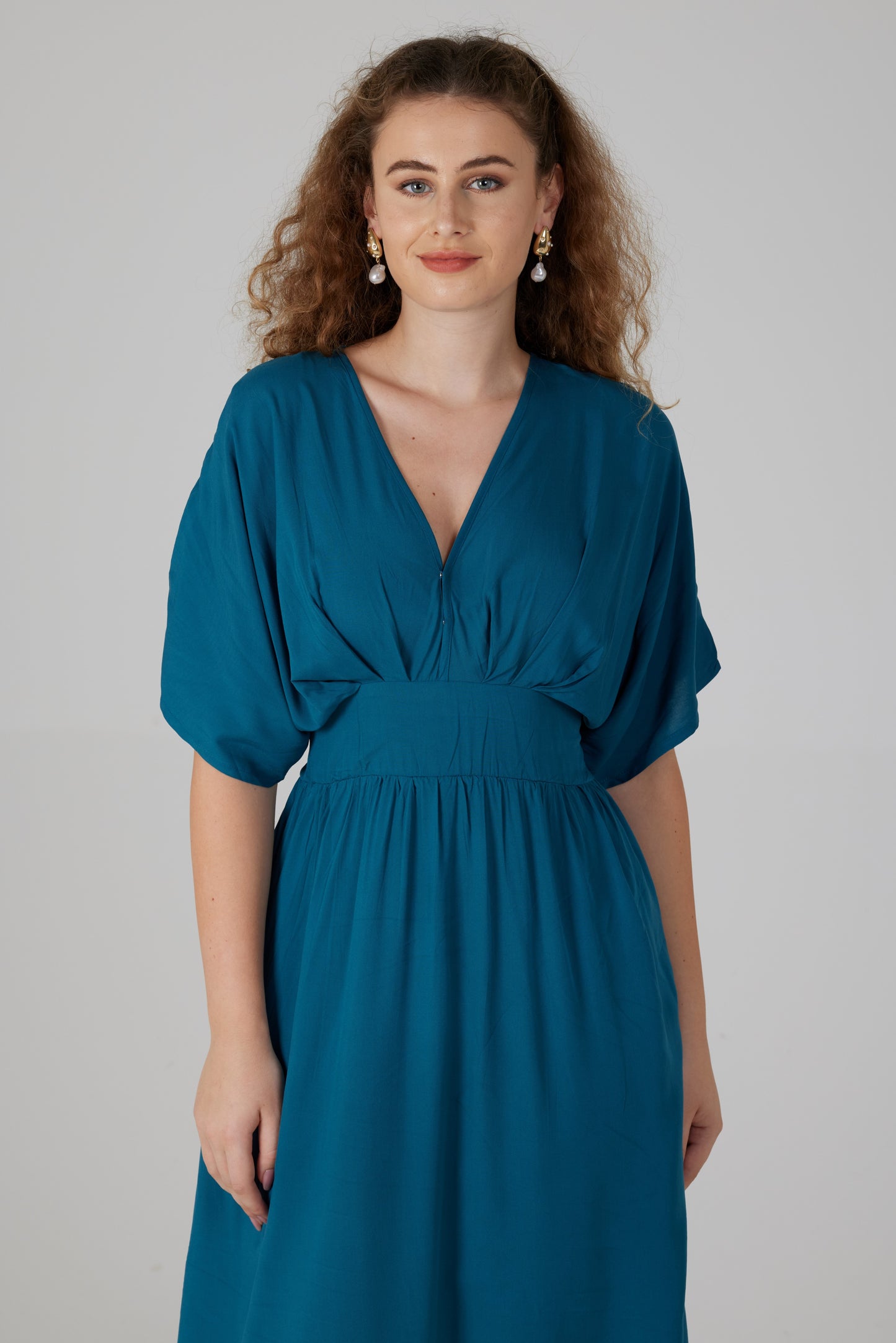 Robe longue manches courtes bleue pétrole - Lucia
