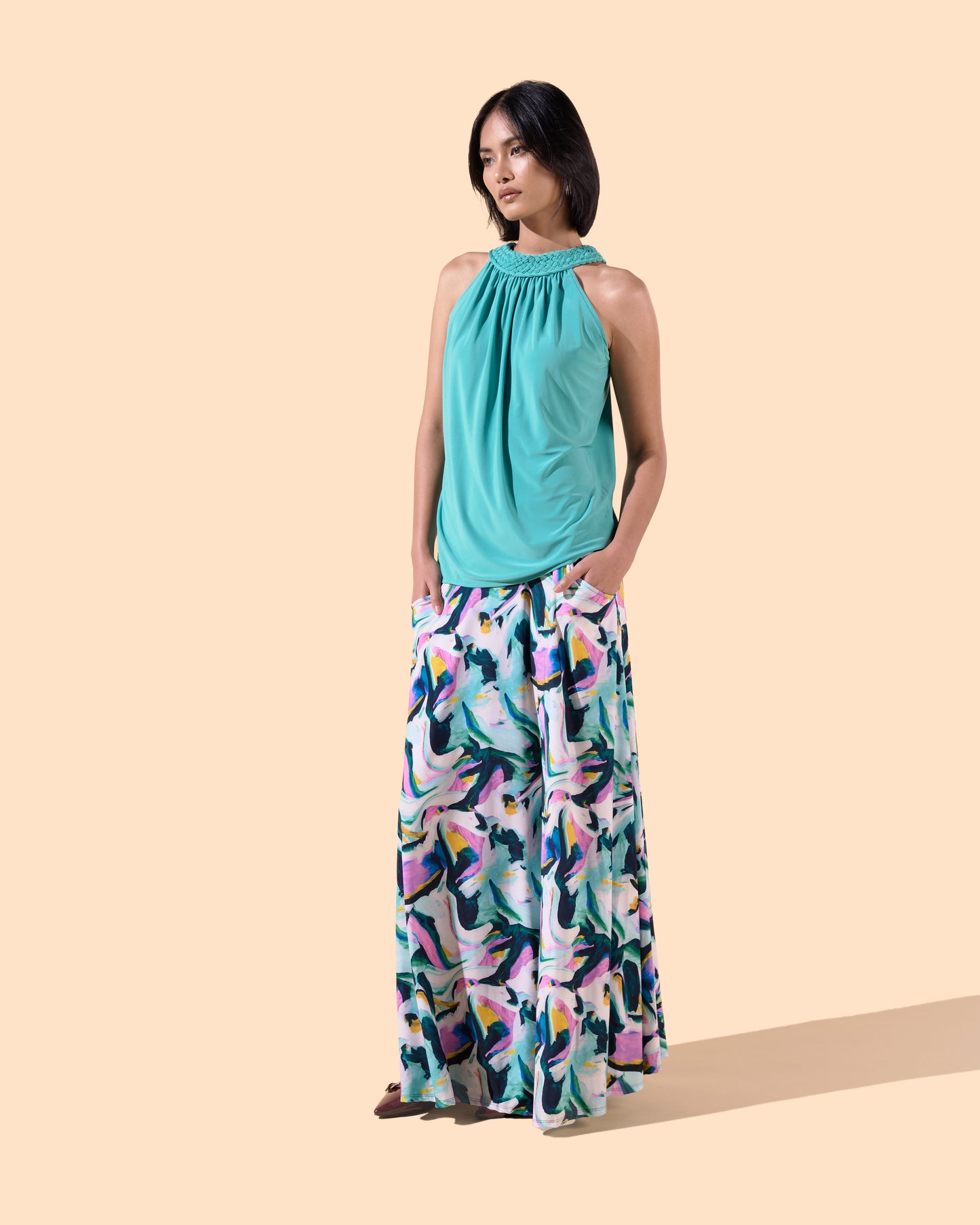 Top col rond tressé effet drapé couleur Turquoise