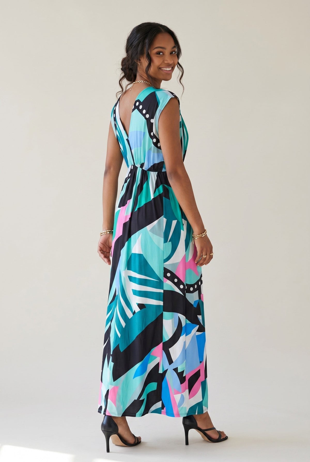 Robe longue empire Baleate Osanna Creazione, col V, imprimé abstrait multicolore, coupe fluide, taille unique