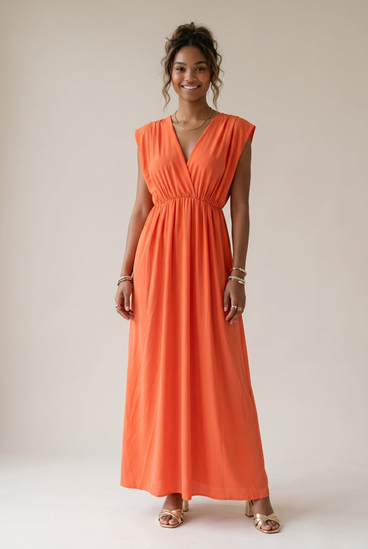 Robe longue orange vif Osanna Creazione à col V, coupe empire fluide avec élastique sous poitrine. Taille unique.