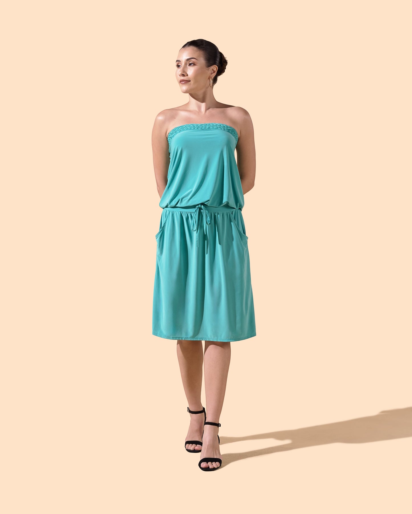 Osanna Creazione turquoise strapless midi dress with braided bustier, blousant top, drawstring waist, and pockets.