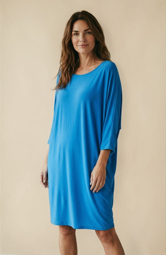 Robe courte achley bleu, manche 3/4