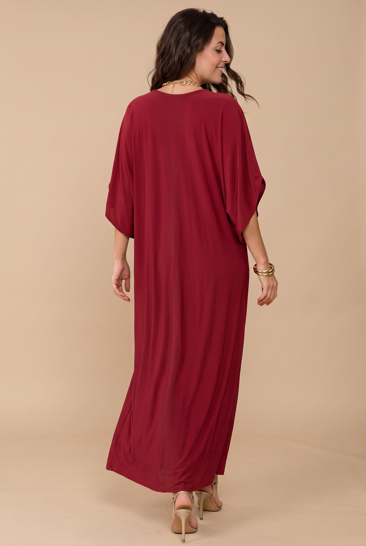 Robe longue Bakao bordeaux, manches chauve-souris et taille ajustable