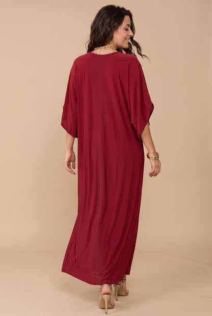 Robe longue Bakao bordeaux, manches chauve-souris et taille ajustable