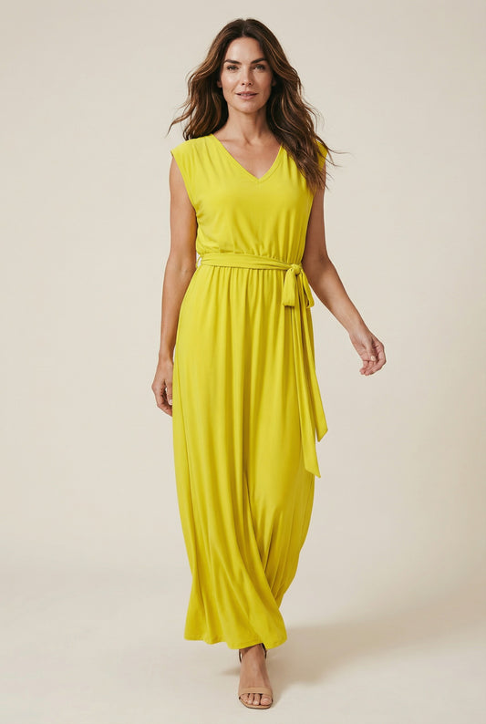 Robe longue col V et ceinture jaune