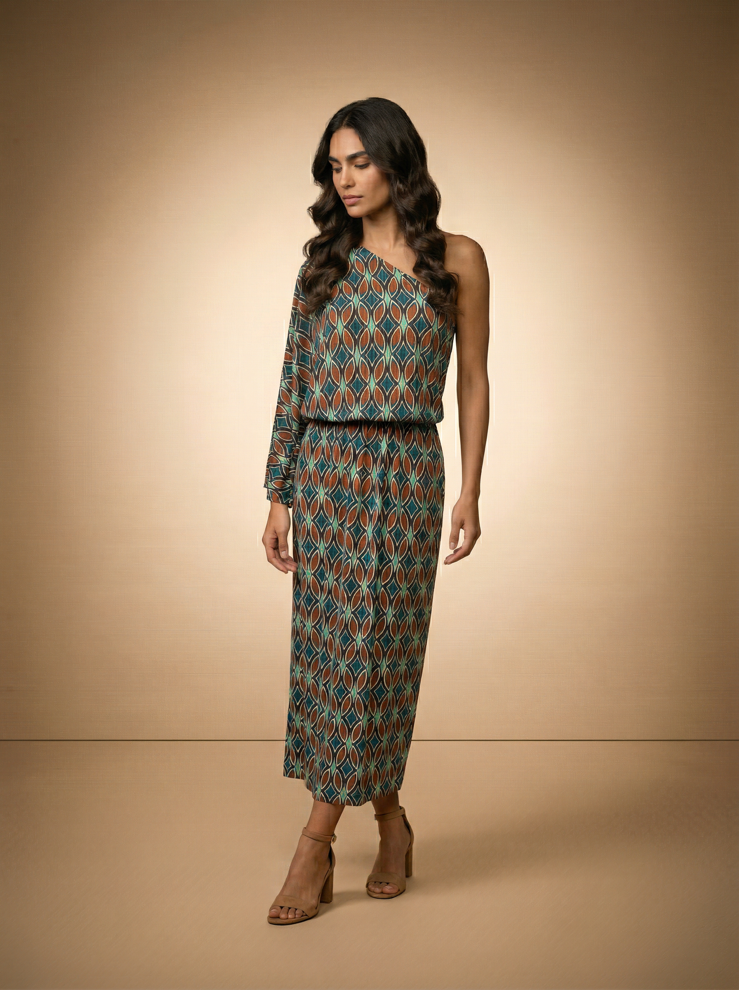 Robe longue asymétrique Béa une épaule avec imprimé coloré