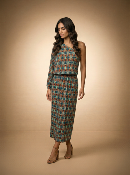 Robe longue asymétrique Béa une épaule avec imprimé coloré