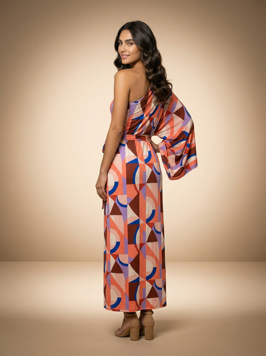 Robe longue asymétrique Béa une épaule avec imprimé géométrique coloré, vue de dos montrant la coupe fluide et la ceinture  