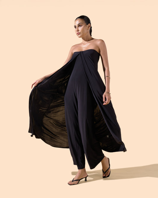 Combinaison pantalon noire bustier effet robe au dos