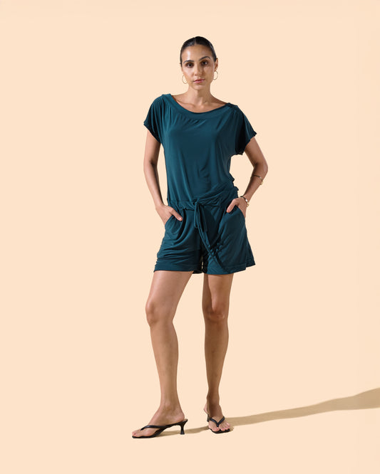 Combinaison short col v manches courtes couleur vert