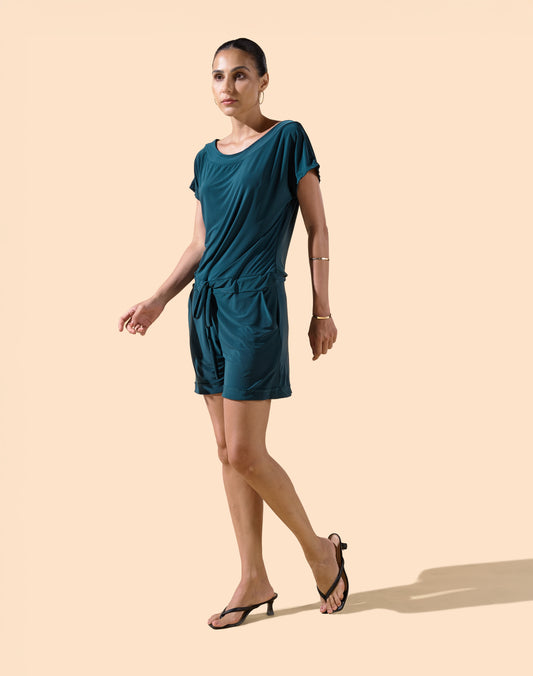 Combinaison short col v manches courtes couleur vert