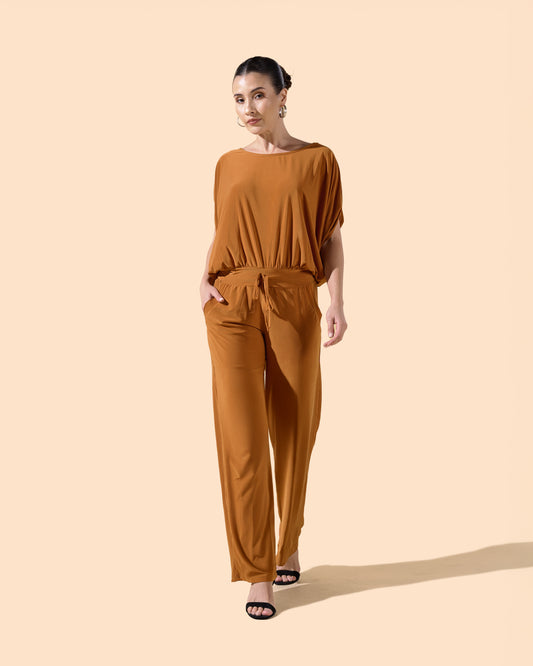 Combinaison pantalon marron col Ron lien ajustable à la taille