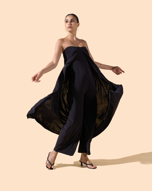 Combinaison pantalon noire bustier effet robe au dos
