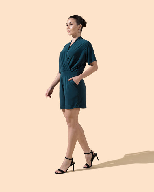 Combi short Col V manches courtes couleur vert