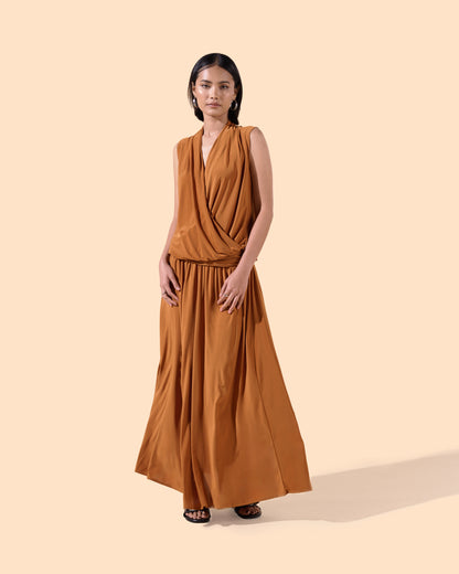 Jupe longue ample élastique à la taille couleur marron