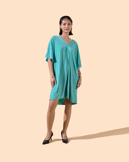 Robe courte fluide col v manches courtes couleur turquoise