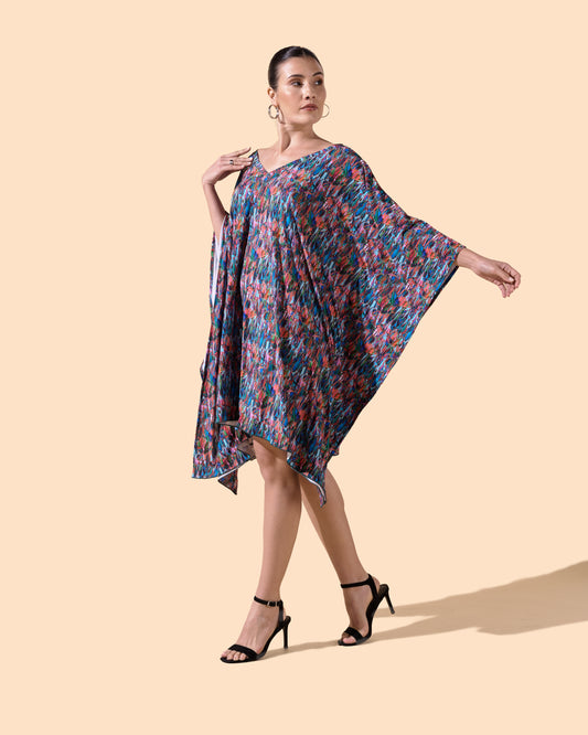 Robe courte chauve-souris manches oversize col V imprimée