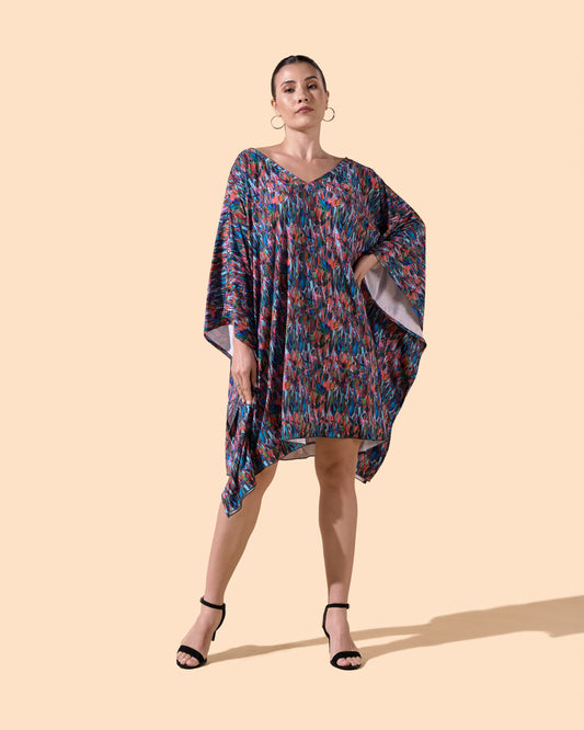 Robe courte chauve-souris manches oversize col V imprimée