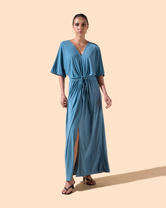 Robe longue col en V manches courtes couleur sarcelle