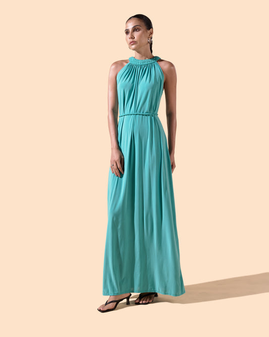 Robe longue col montant tressé coupe évasée couleur turquoise
