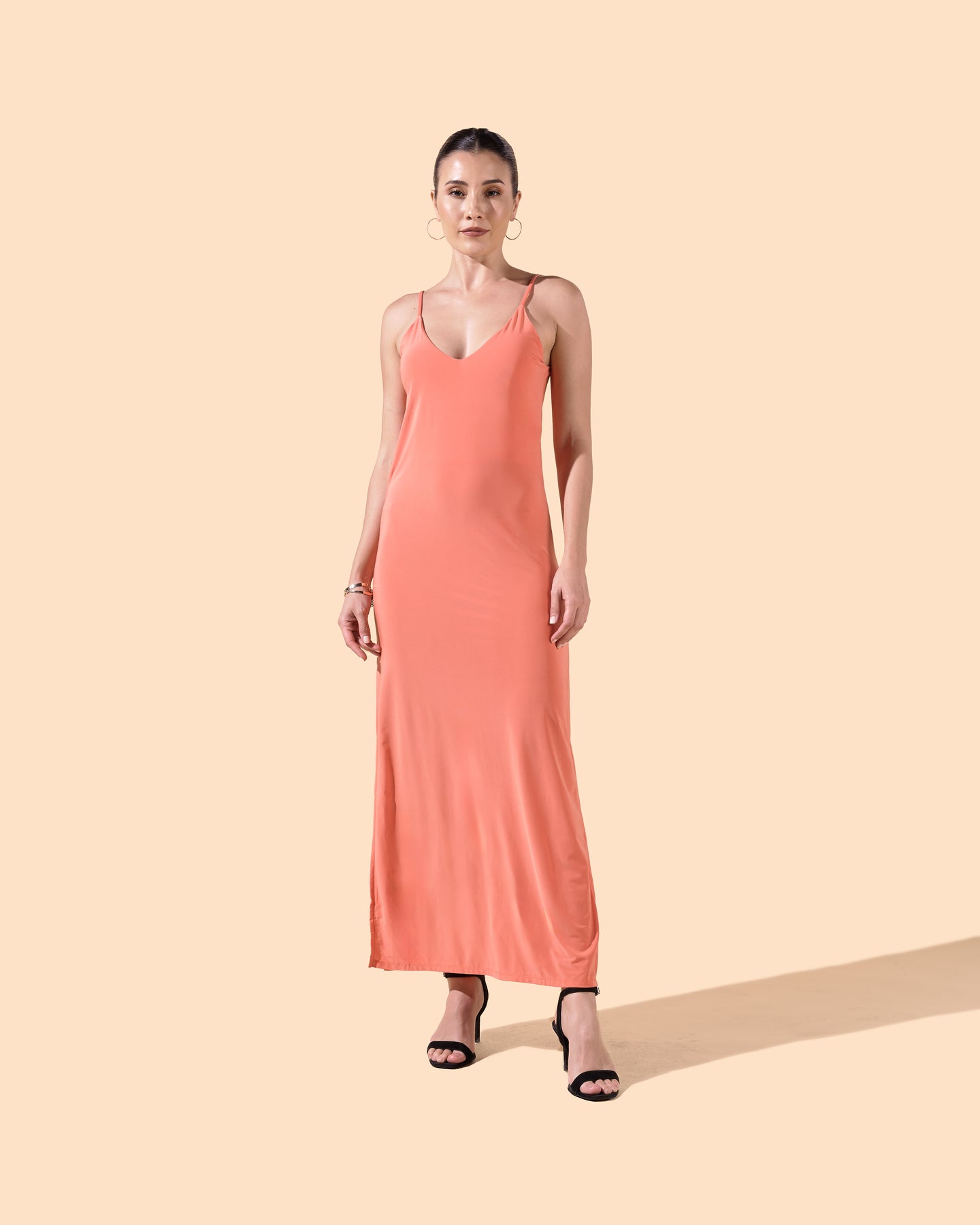 Robe longue corail bretelles fine dos nu