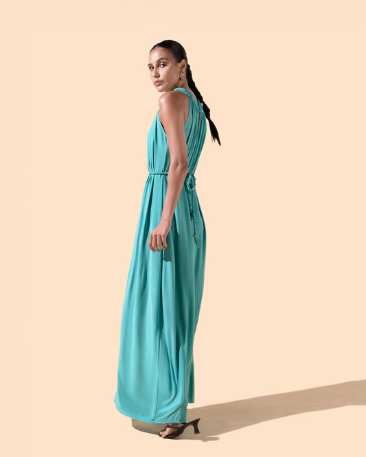 Robe longue col montant tressé coupe évasée ceinture couleur turquoise