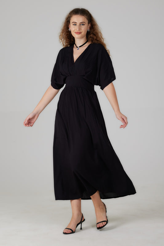 Robe longue manches courtes noire - Lucia
