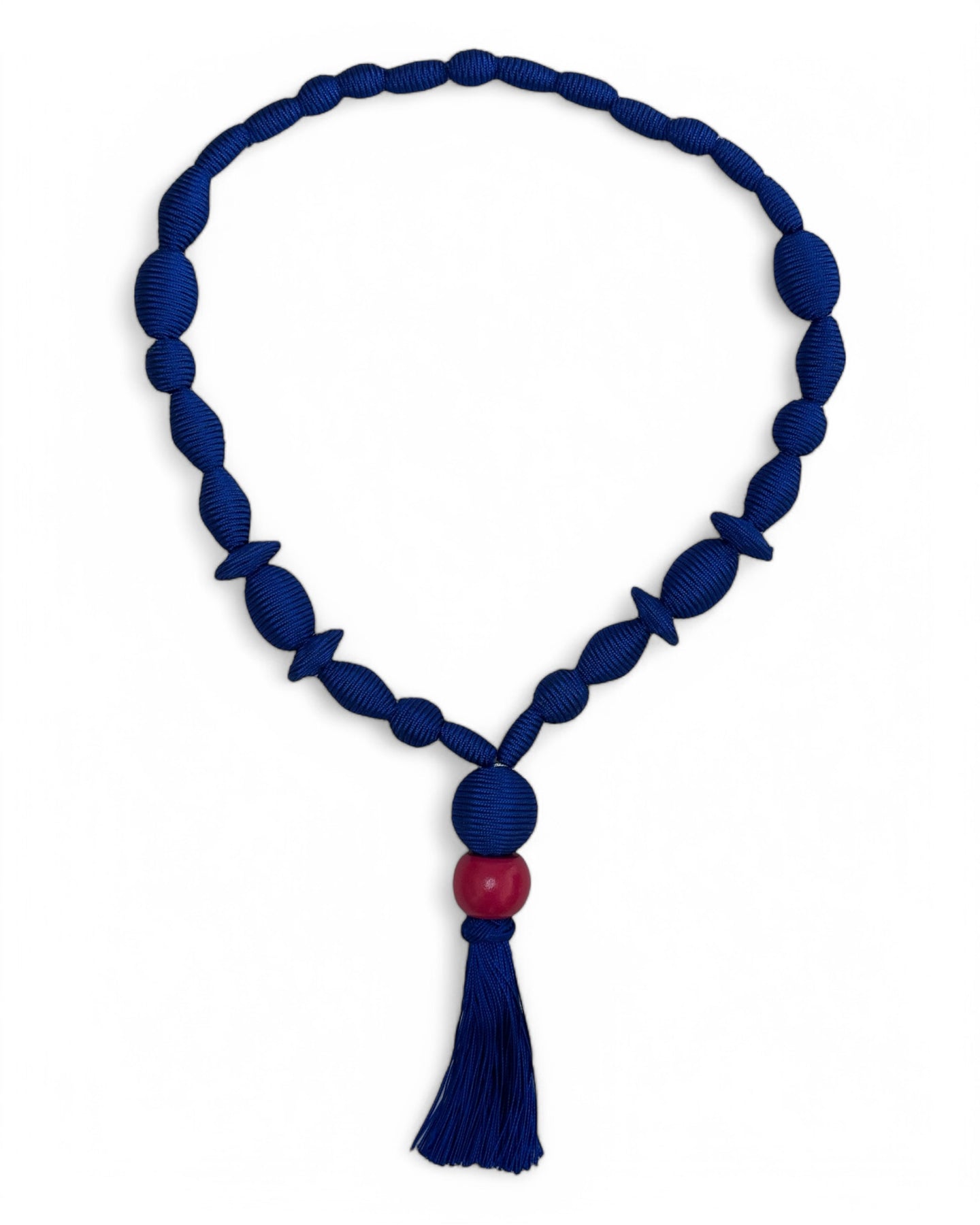 Sautoir en soie tendance fabriqué à la main couleurs bleu et rouge 