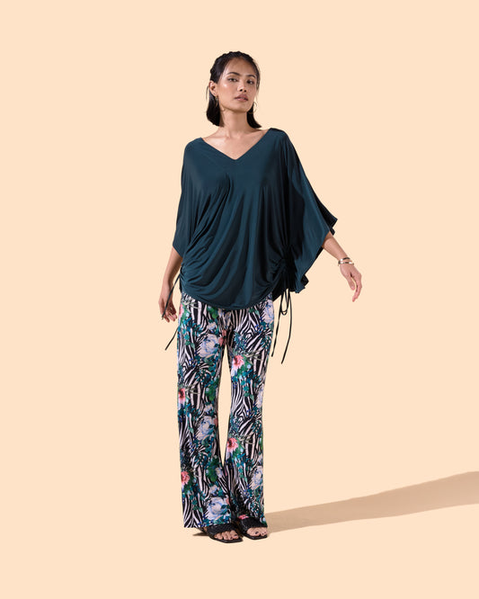 Top col V manches trois-quarts liens ajustables couleur vert