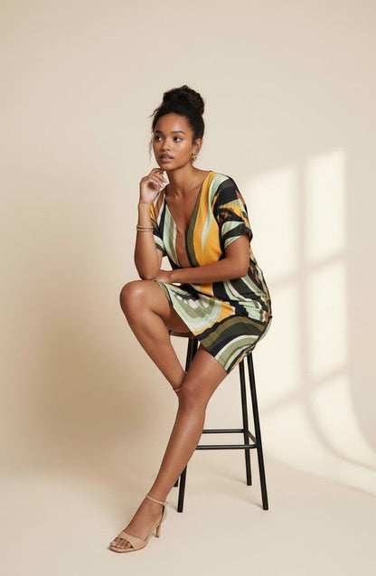 Osanna Creazione Abi short straight dress with V-neck, short sleeves, and a fluid fabric in a multicolor abstract stripe pattern.