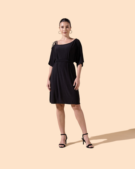 Osanna Creazione black short dress with mid-sleeves, belted waist, and unique strap detail on one shoulder.