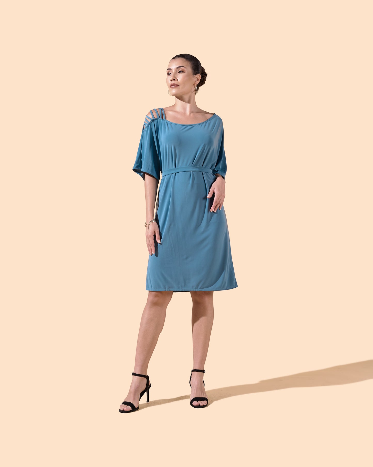 Osanna Creazione blue short loose-fit midi-sleeve dress with tie belt and cut-out shoulder detail.