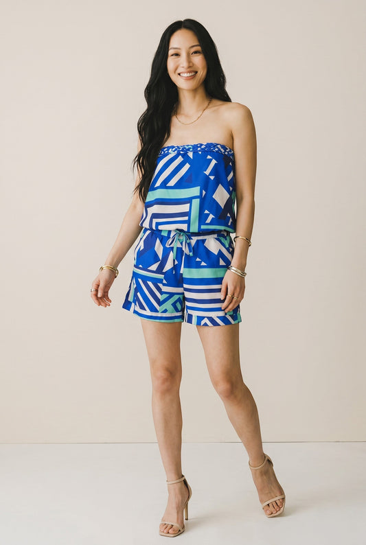 Combishort bustier fluide Callidora d'Osanna Creazione, bleu et blanc à motif géométrique, taille marquée, poches latérales.