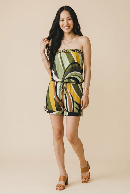 Combishort bustier fluide Callidora d'Osanna Creazione avec un imprimé géométrique multicolore, taille marquée, poches latérales.