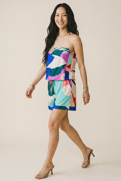 Osanna Creazione combishort bustier fluide multicolore avec imprimé abstrait géométrique, taille marquée, short ample.