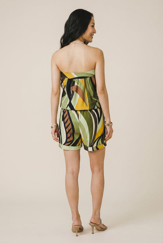 Combishort bustier fluide Callidora Osanna Creazione vert kaki et jaune motif abstrait, taille marquée, poches.