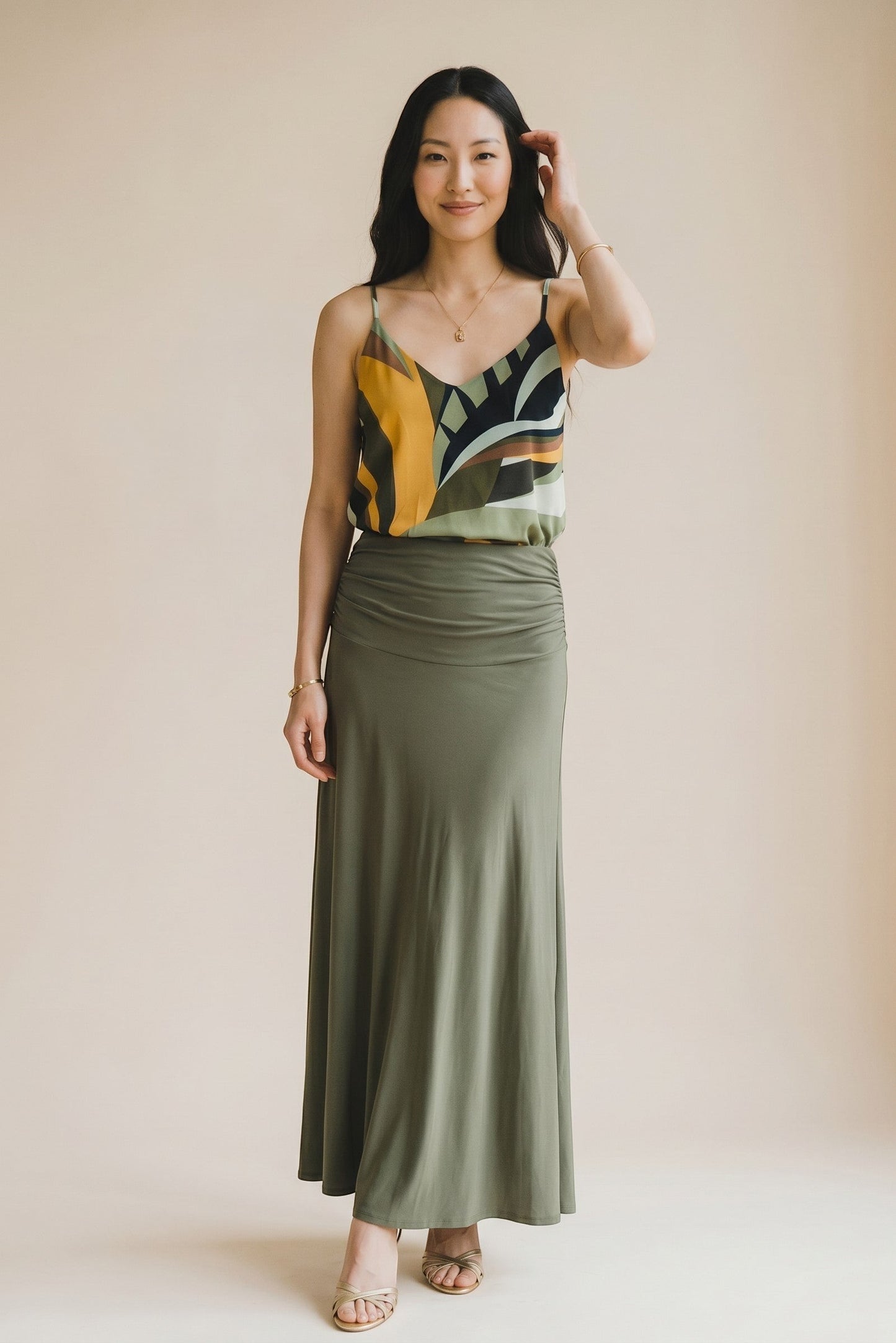 Osanna Creazione olive green ruched waist maxi skirt, fluid and comfortable, perfect for day to night.